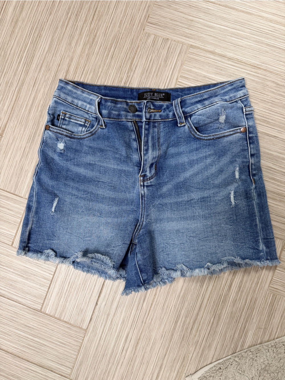 Judy Blue Medium Blue Denim Shorts with Frayed Hem